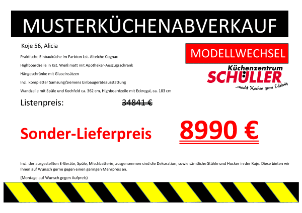 Musterküchenabverkauf Koje 56, Alicia bei Küchenzentrum Schüller zum Sonder-Lieferpreis von 8990€ anstatt 34841€